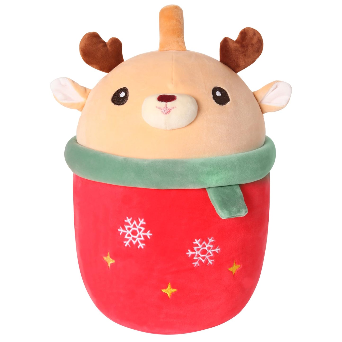 MMguai 14 inch Cute Christmas Deer with Green Scarf,Boba Bubble Tea Plush Soft Pillow Plushies,Large Deer Milk Tea Stuffed Anima