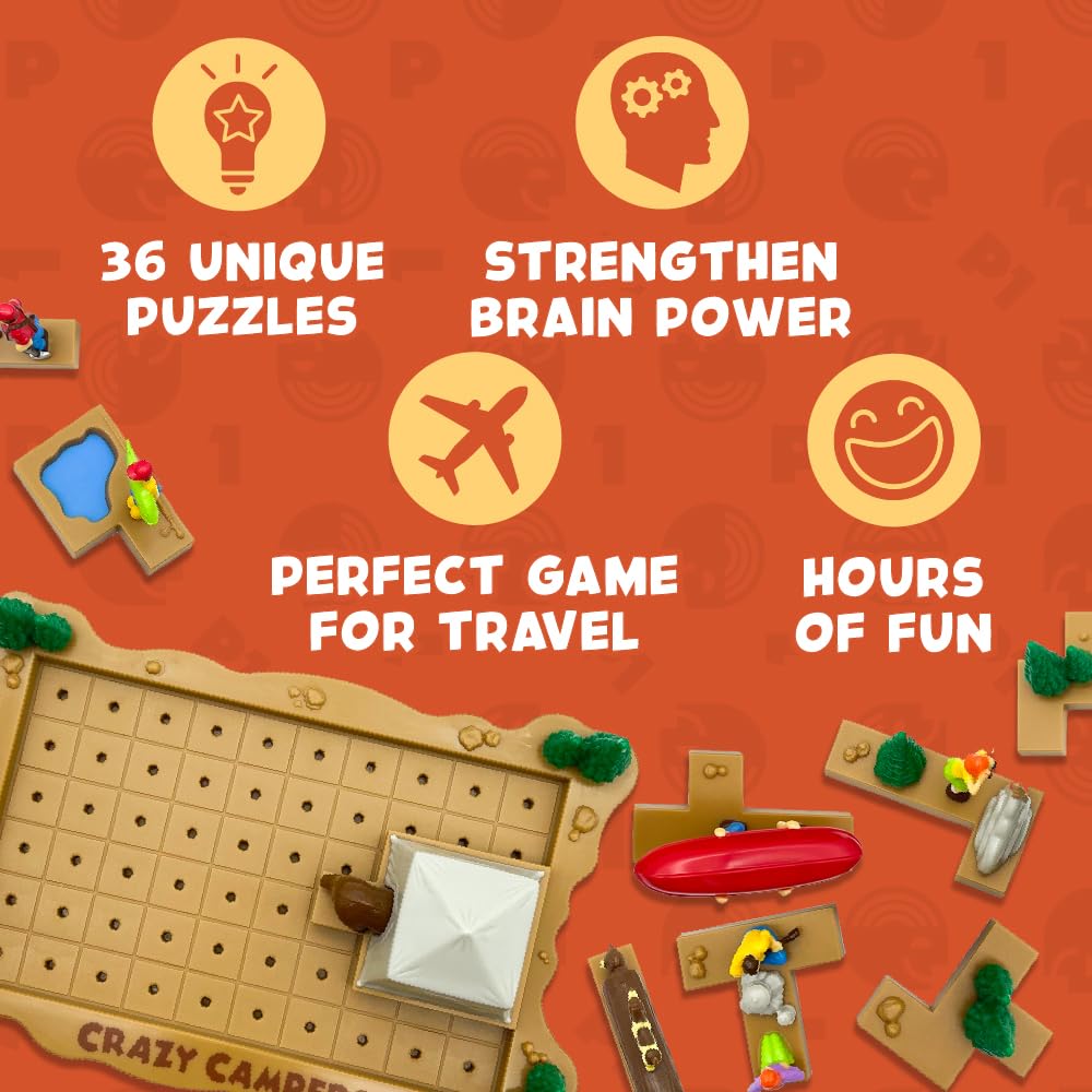 Crazy Campers Logic Puzzle Game – 36 Single-Player Challenges, Kids & Adults, Difficulty Easy To Expert, Travel-Friendly, Brain-Building Fun, Ages 8+