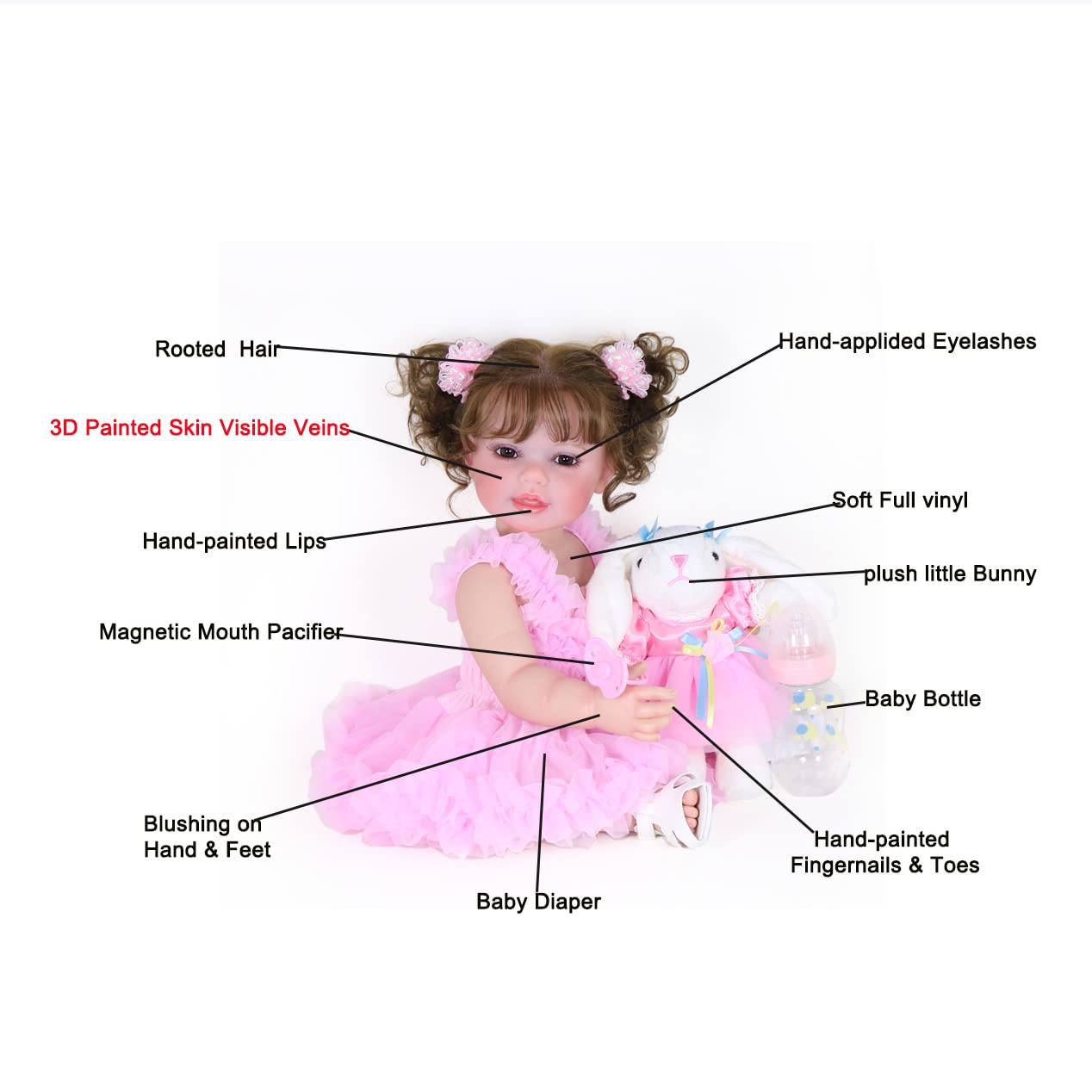 Wawa-Haokeai Reborn Toddler Girl Doll -22 Inch Happy Dance With 3D Painted Skin Visible Veins And Soft Full Vinyl With Rooted Ha