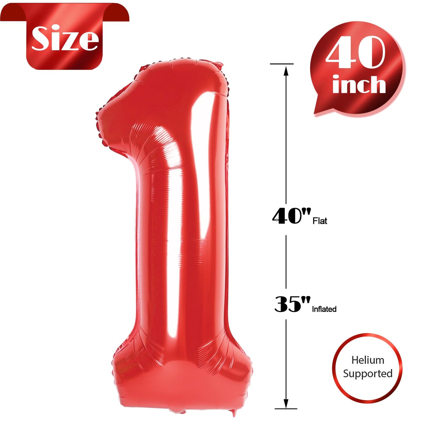 40 Inch Red 1 Balloon For First Birthday, Red One 1St Number Balloon Birthday Decorations, For Spiderman Micky Mouse Mario Birth