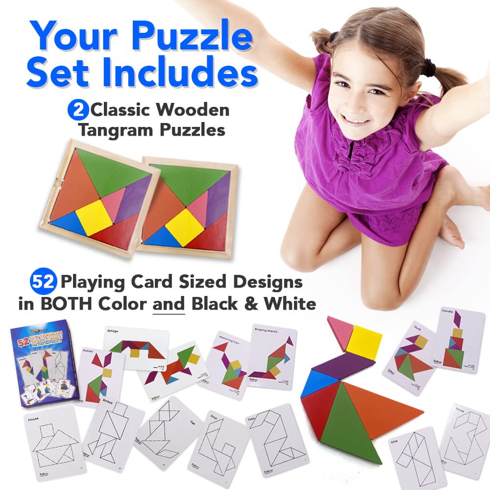 3 Bees & Me 2 Wooden Tangram Shapes Puzzle Toys with 52 Pattern Cards for Kids and mature-themeds - Montessori Wood Toy STEM Shape Puzzles Manipulatives Games Educational Tangrams for Kids