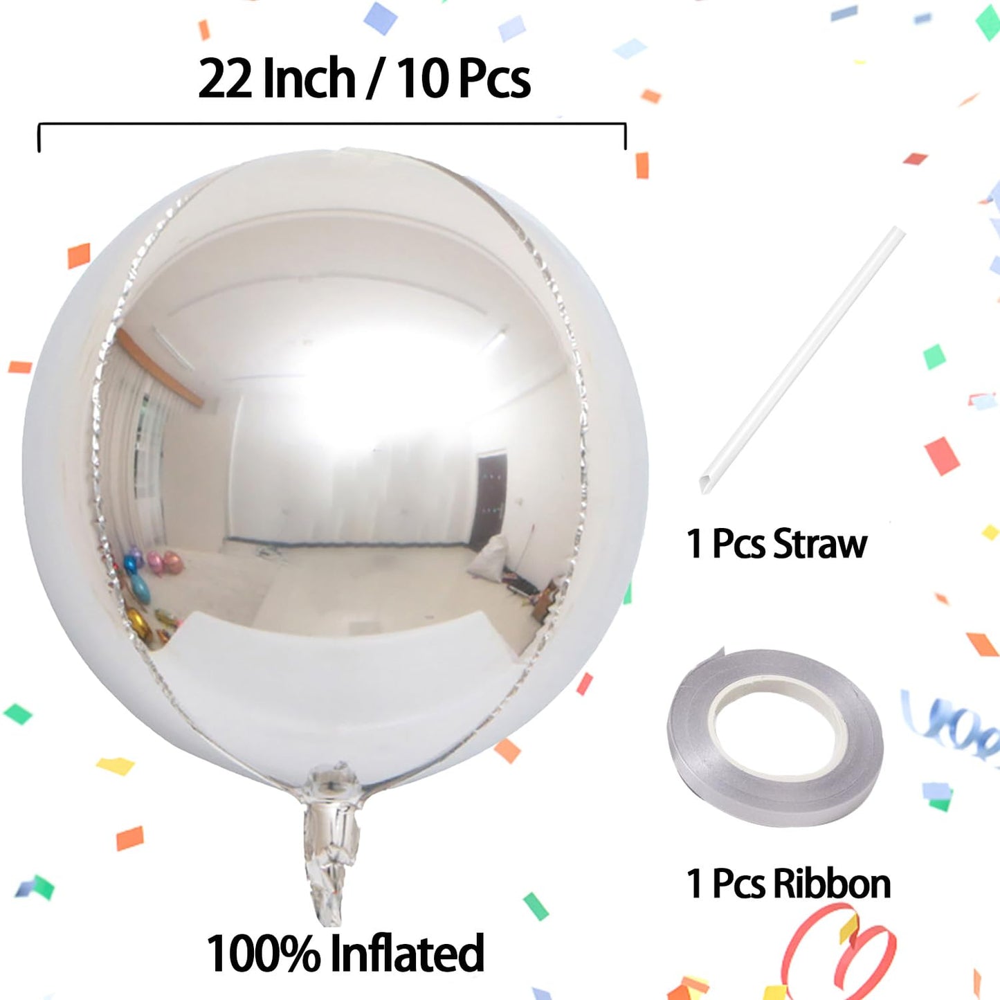 Kalor 10 Pcs 22 Inch Silver Mylar Balloons, Large 4D Giant Round Foil Balloon Big Mirror Metallic Balloons For Birthday Party Baby Shower Gender Reveal Supplies