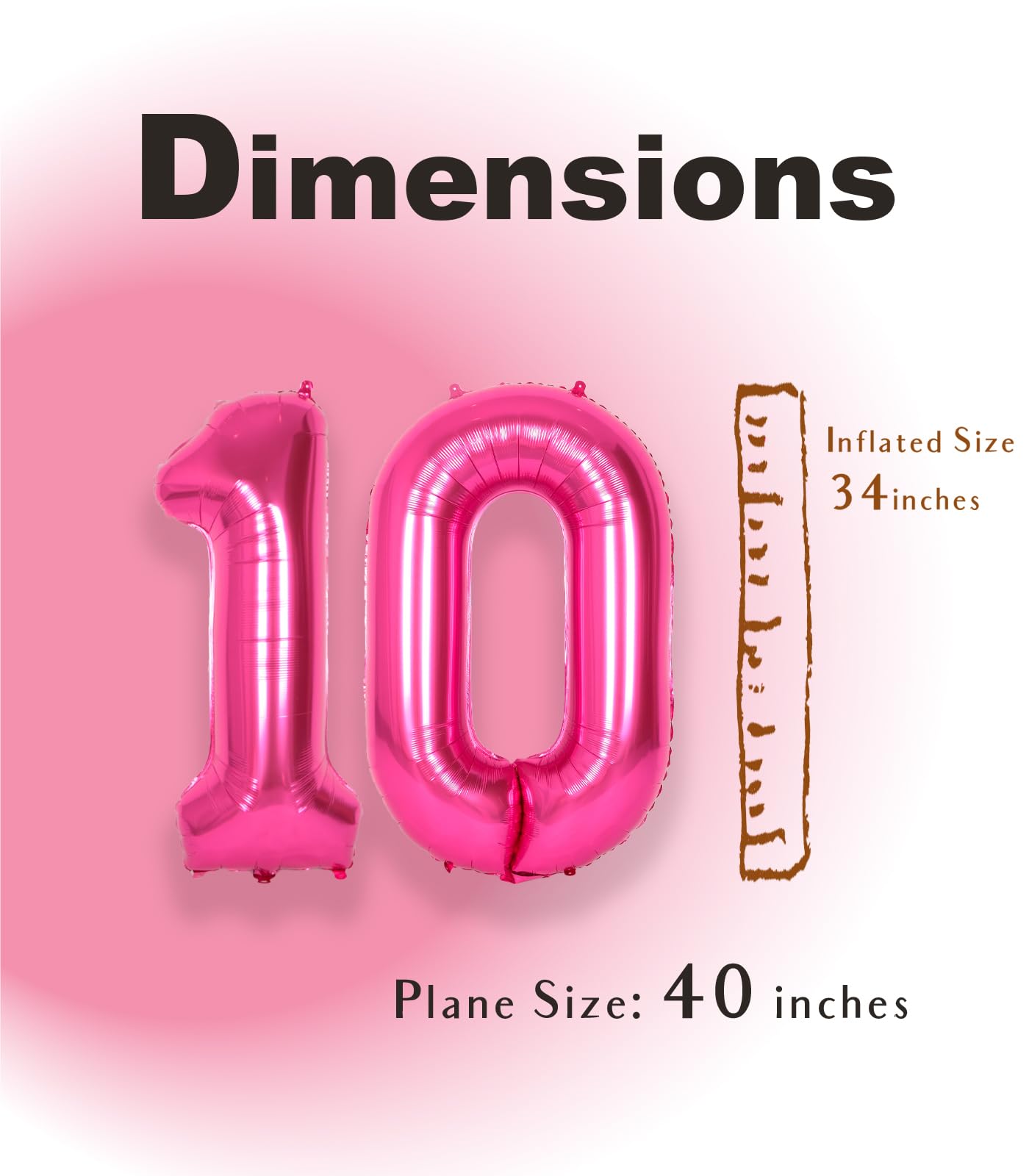 Suwen 40 Inch Hot Pink Large 10 Balloon Numbers Big Foil Helium Number Balloons 0-9 Jumbo Happy 10Th Mylar Birthday Party Decora