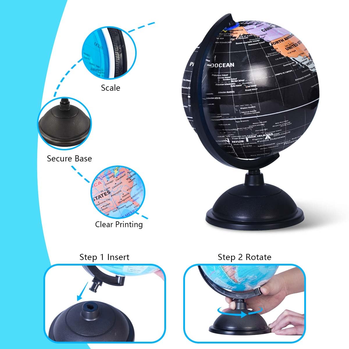 Kiseer 8 Inch World Globe With Stand Rotating Earth Spinning Globe For Kids Geography Classroom Education Or Decorations (Black)