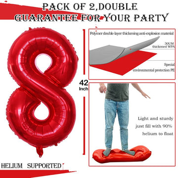 Goer 2 Pcs 42 Inch Red Foil Balloons Number 8,Huge Number Balloons For 8Th 88Th Birthday Party Supplies Anniversary Decorations