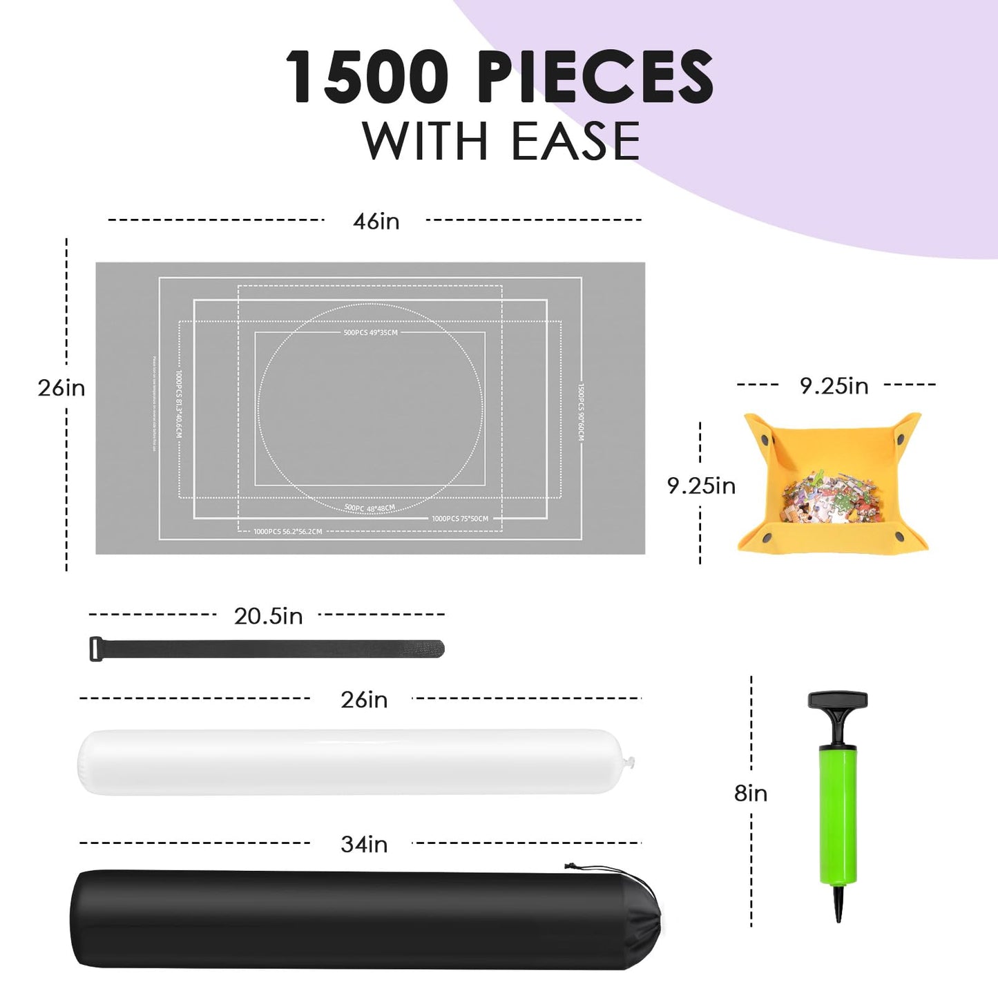 FELIZROCA Puzzle Mat - 1500 Pieces Jigsaw, Felt Roll-Up Mat for Adults With Glue, Applicator, 4 Sorting Trays, Storage Bag & Pum