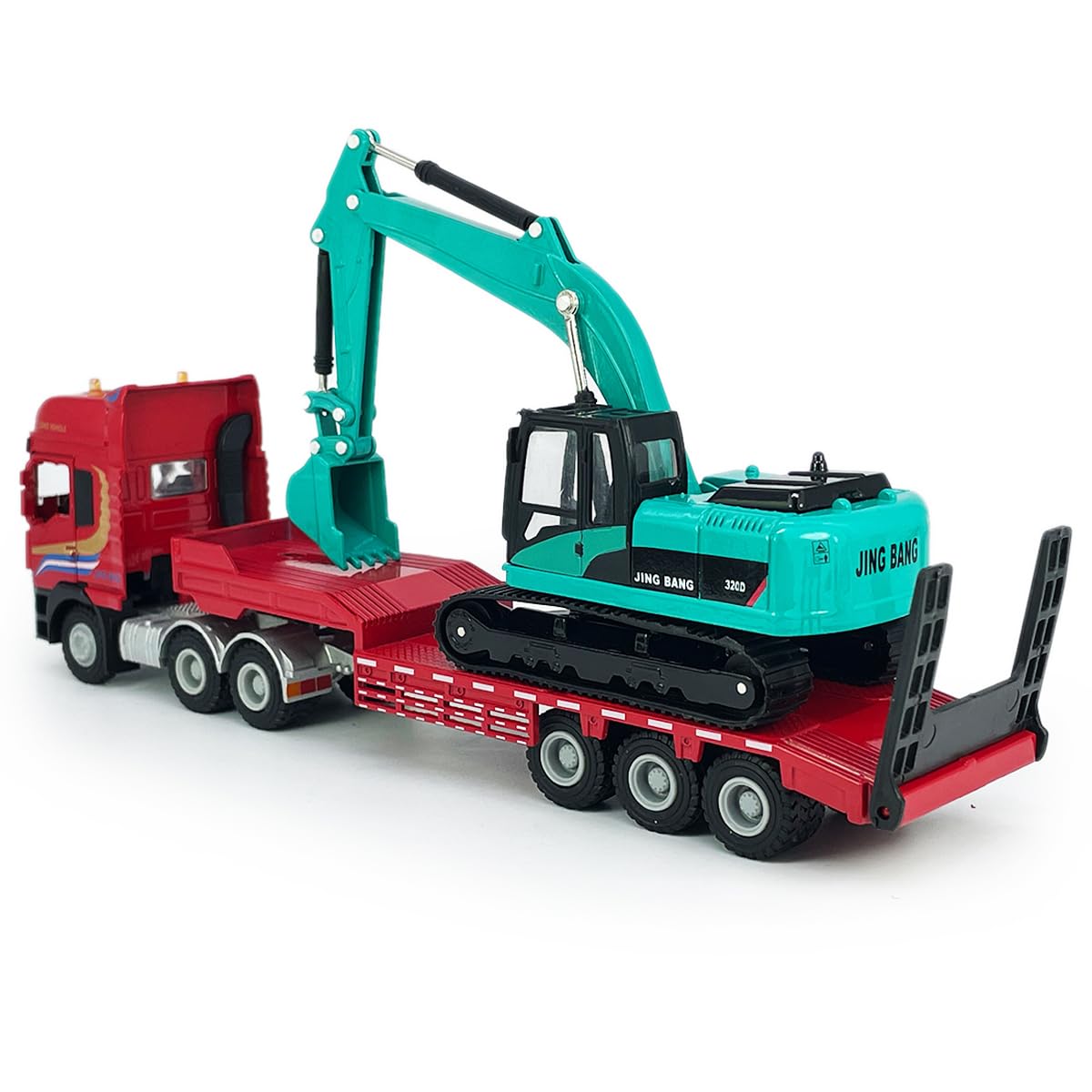 Flatbed Truck Toy with Crawler Excavator Toy Tractor Semi Tow Truck Transport Trailer Metal Diecast Construction Vehicles 2 in 1