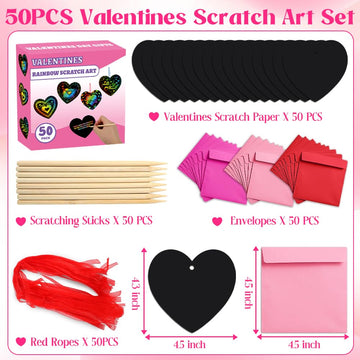 MDCGFOD 50 Pack Valentines Day Gifts for Kids, Rainbow Scratch Heart Crads Valentine Crafts for Kids - Create Magic Color Scratc