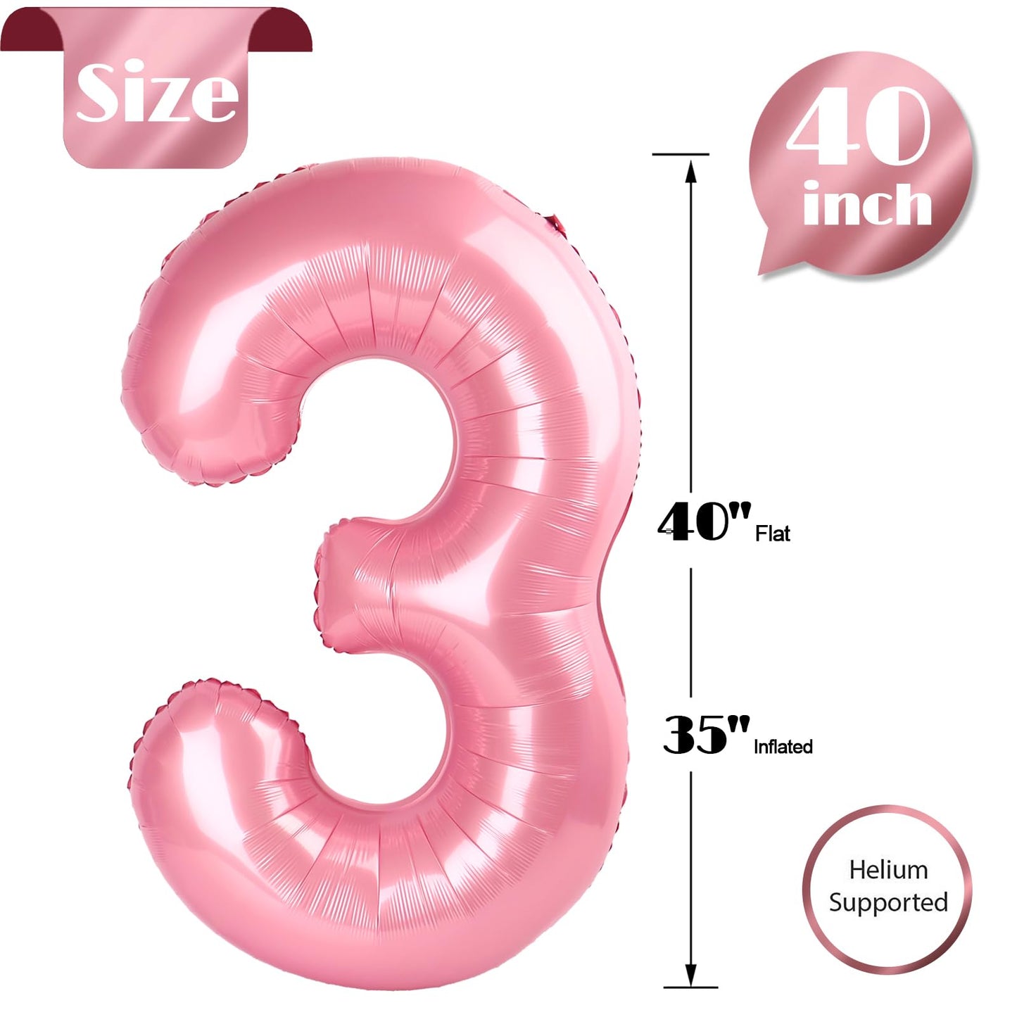 Pearlescent Pink 3 Balloon, Number Balloons 40 Inch, 3Rd Birthday Decorations For Kids Girls Women Party Supplies For Party Deco