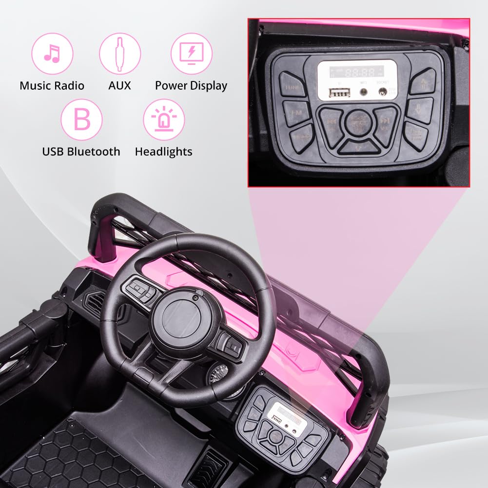 12V Ride On Car Utv With Parent Remote Control For Kids Toys, Spring Suspension Led Lights Aux Port Music Usb, Pink