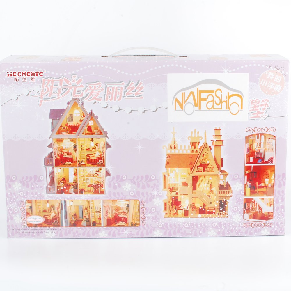 Nwfashion Children'S 17' 2 Floors With Furnitures Lights Diy Kits Assemble Miniature Wooden Dollhouse(Sunshine Alice)