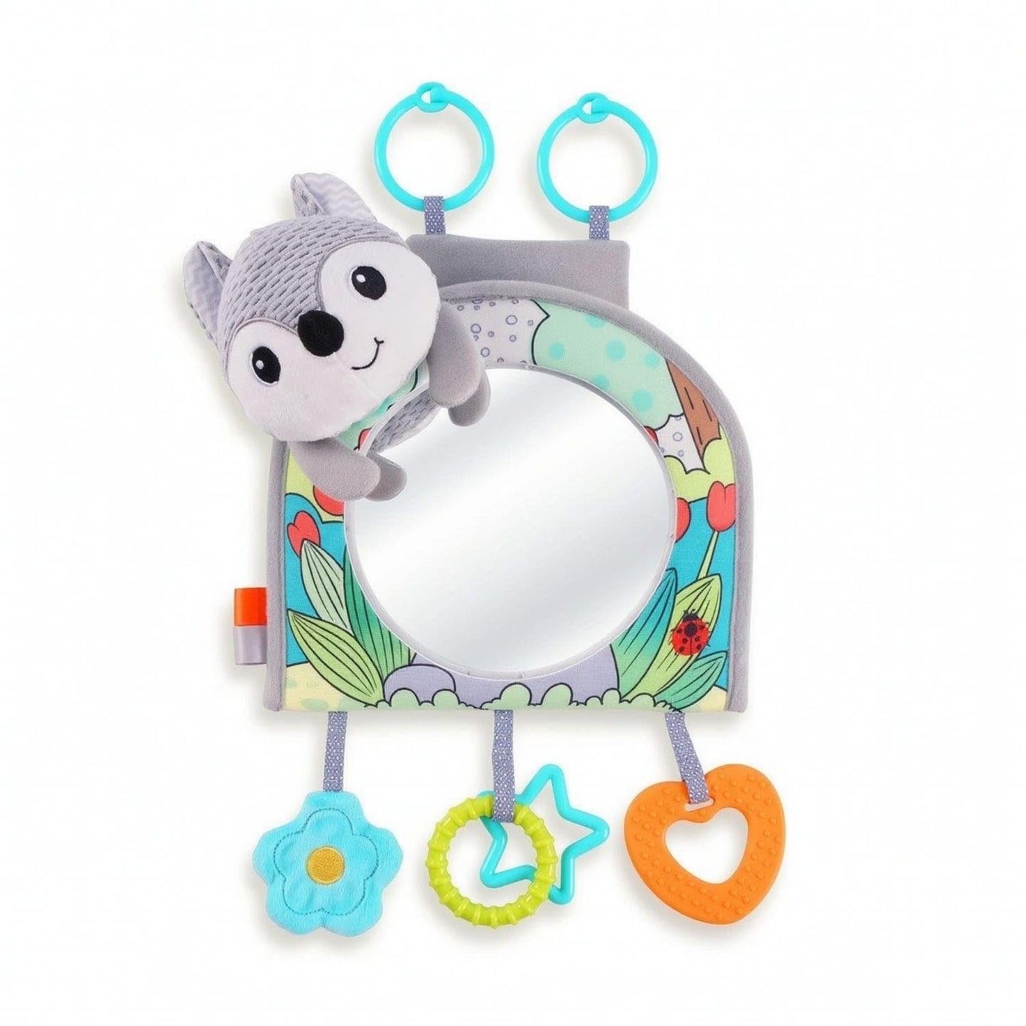 Sensory Crib Mirror With Hanging Toys Soft Mirror Toy Soft Fabric Hanging Toy Textured For Babies, Infants, Newborns, Gray Fox