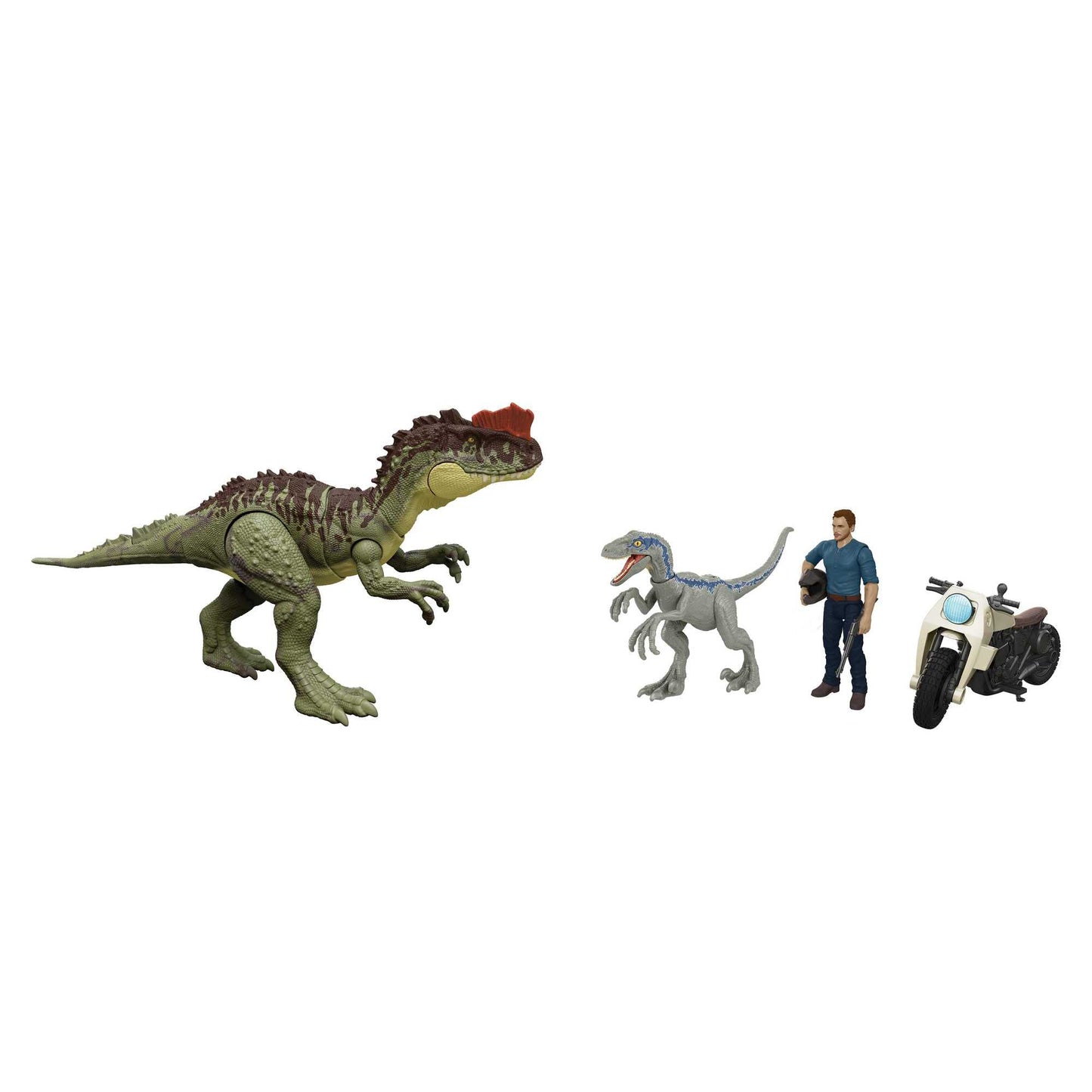Jurassic World Dominion 3 Pack Figures & Dinosaurs, Owen Grady Motorcycle Yangchuanosaurus & Blue, Helmet & Tranquilizer, Ages 4 Years & Up, Multicolor (Hlp79)