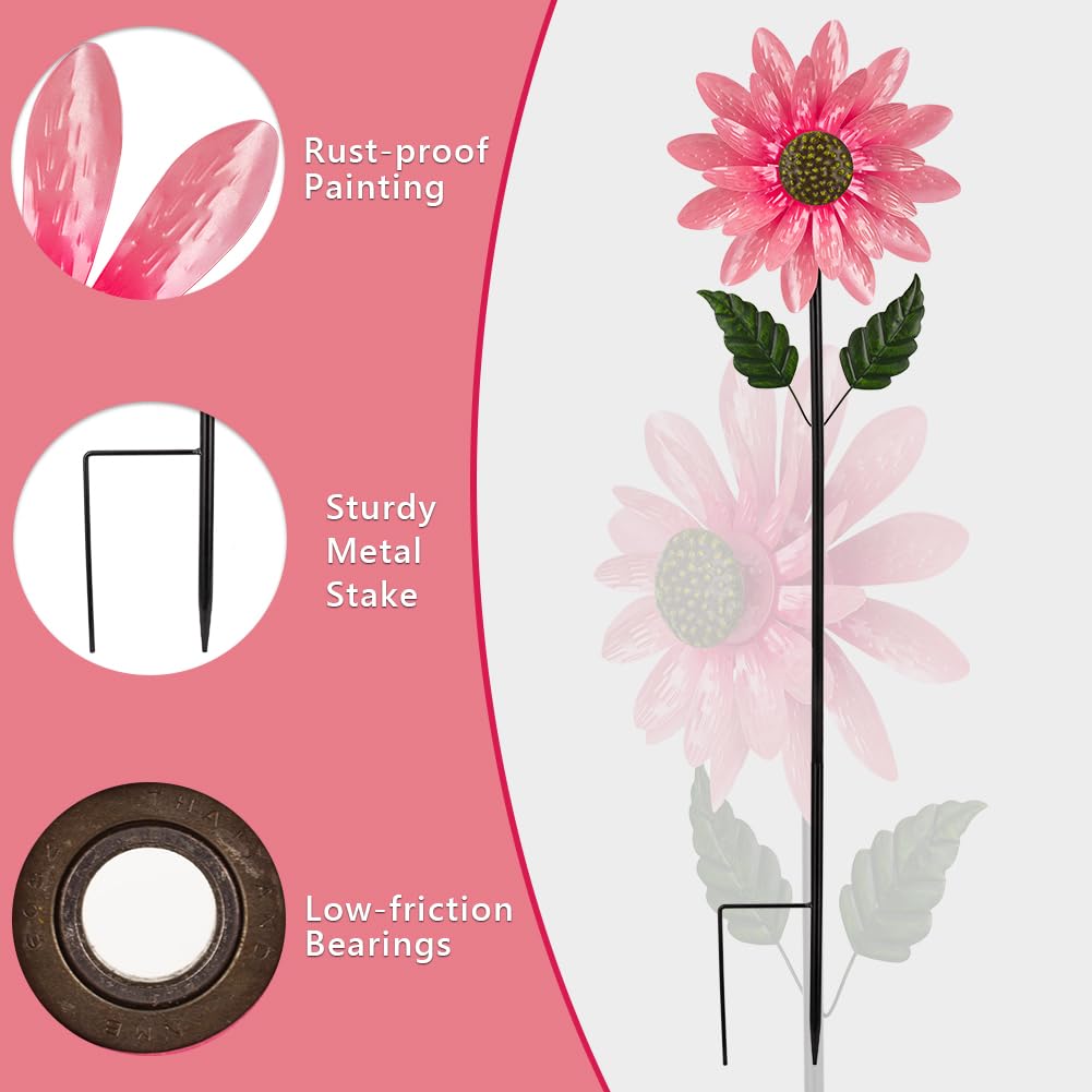 Viveta Wind Spinner Outdoor, Decorative Wind Sculpture Wtih Sturdy Stake,Pink Pinwheels For Yard And Garden