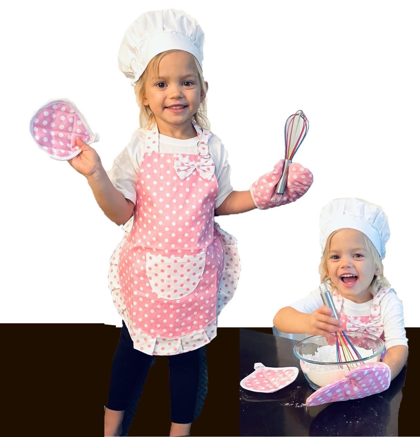Toddler Baking Outfit / Pink Apron/ White Chef Hat/ Oven Mitt and Hot Pad (4 Items) -Toddler/Preschool Baking for Real Cooking o