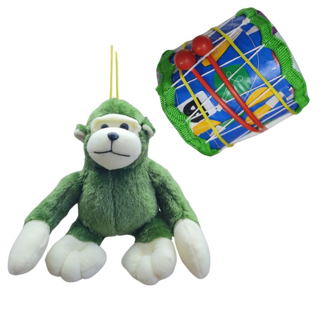 Atishay Retail Cute Plastic Small Drum 2 Sticks & Soft Stuffed Hanging Hoogly Monkey Green And Plastic Extra Large Xl Drum & Fre