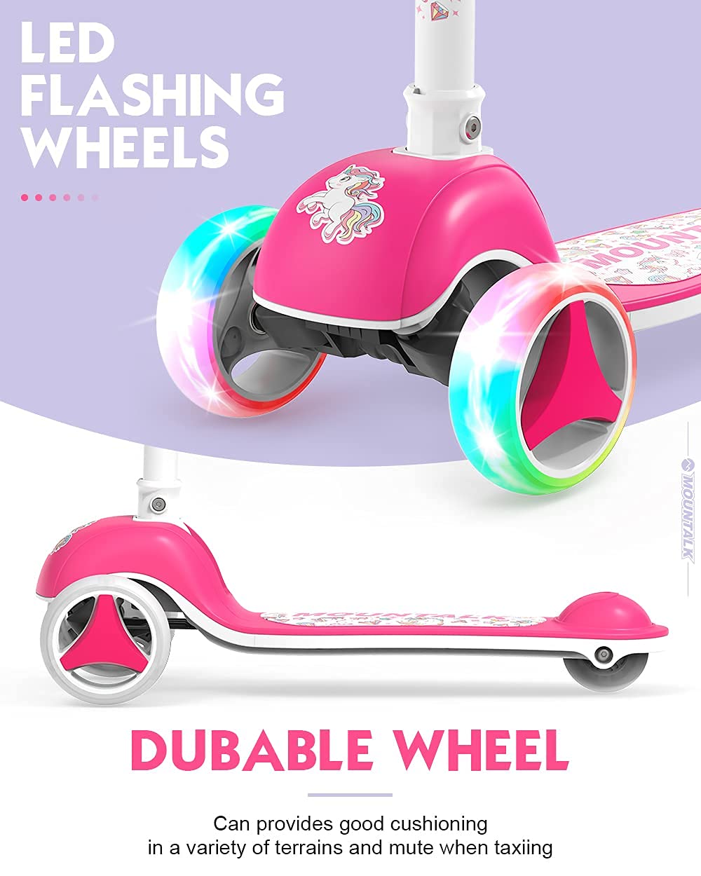 Mountalk Foldable Kids Scooter For Kids Ages 3-5/6-12 Years, 3 Wheels Scooter For Boys And Girls With Adjustable Heights And Led Wheels(Unicorn)
