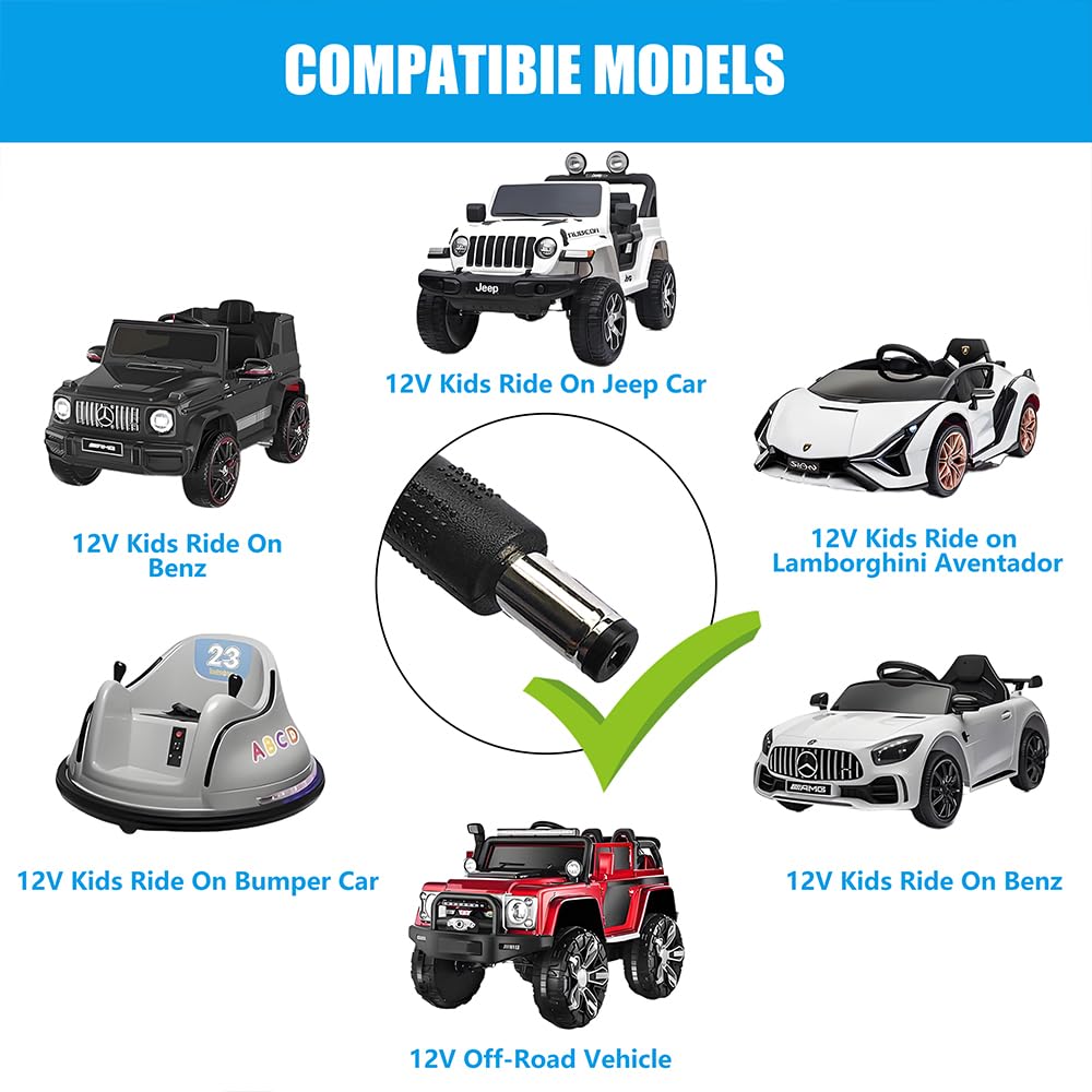 Hnndlra 12V Battery Charger for Kids Ride On Cars - Universal Black Charger for Wrangler SUV, Kid Trax, Dynacraft Toy Vehicles