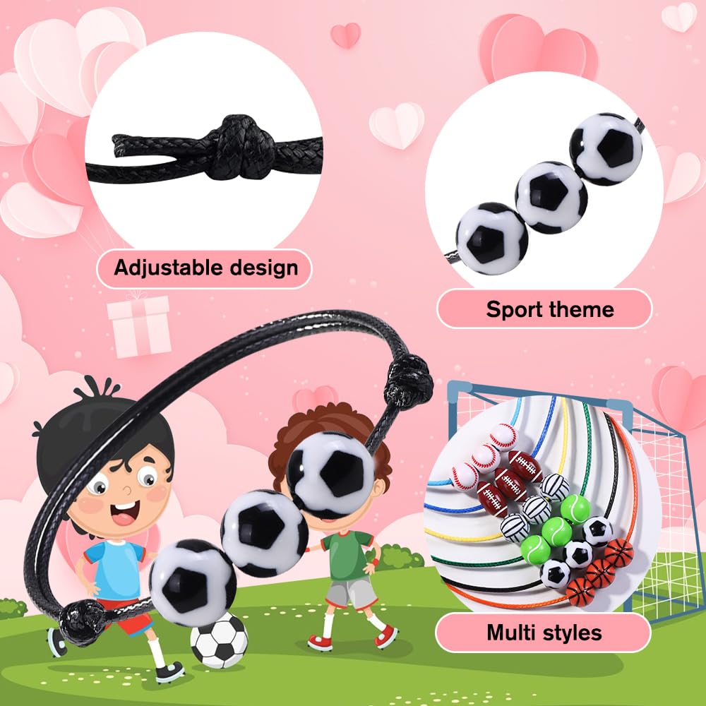 DIYDEC 30Pcs Valentines Sports Bracelets with Cards 6 Styles Soccer Basketball Bracelets for Kids Valentines Party Favors Sports