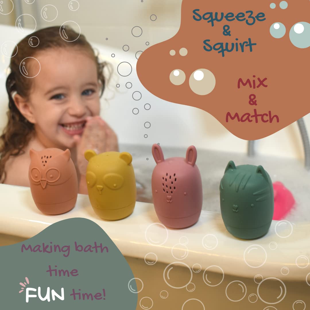 Brushinbella Silicone Bath Toys 4-Pack - Cleanable Silicone Toys With Montessori Stackable Cups - Baby Bath Toys - Dishwasher-Safe Bath Toys - Toddler Tub Toys - Baby Bath Essentials