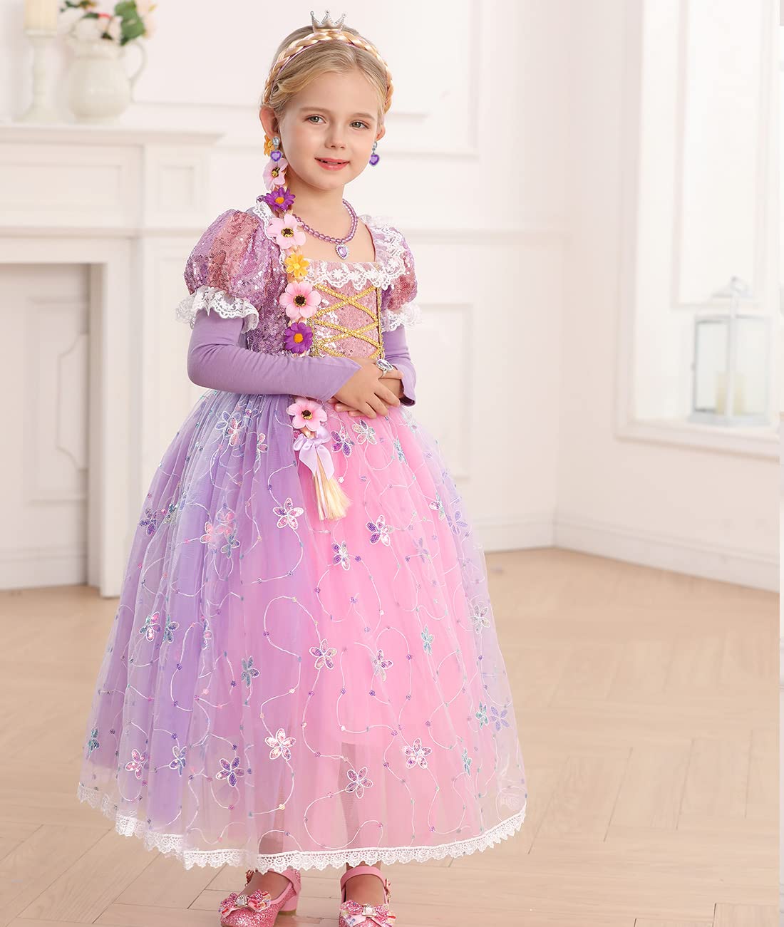 Itvti Princess Rapunzel Costume Little Girls Dress Up For Birthday Party Halloween Carnival, 6-7 Years(Tag 140)