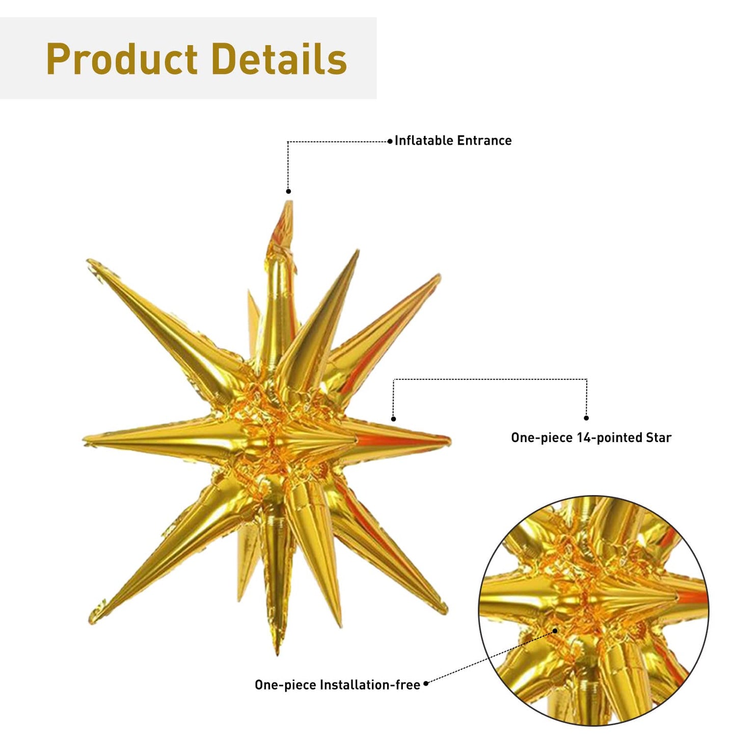 6 Pcs Gold Star Foil Balloons One-Piece 14-Pointed Star Balloons 4D Starburst Cone Mylar Balloons 22Inch Christmas Birthday Wedd