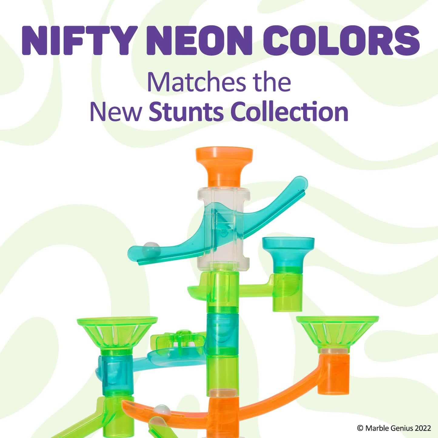Marble Genius Marble Run Stunts Slider Set - 8 Pcs, Neon Plastic, 4 Two-Way Sliders & 4 Catch Buckets, Ages 5+