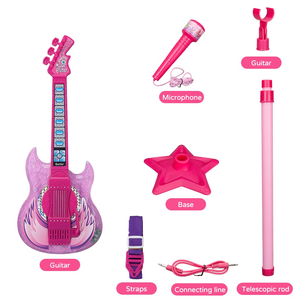 Takihon Guitar And Microphone Set For Kids,Guitar Toys With Music&Colorful Light,Adjustable Height Microphone With Stand,Karaoke