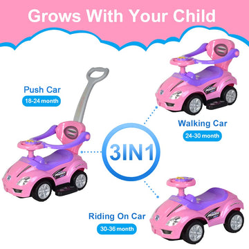 ChromeWheels Push Car for Toddlers, 3-in-1 Ride-On Toy, Large, Pink, CW80382, Plastic with Guardrail, Horn, Music, Under Seat Storage
