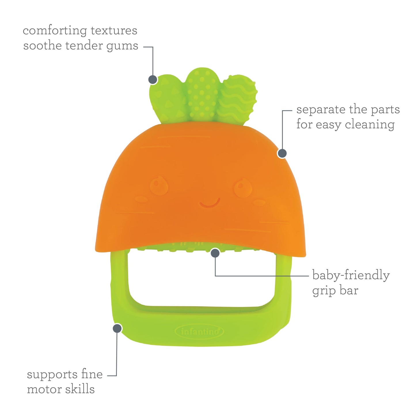 Infantino Handy Dandy Teething Mitt - Soft Silicone Teether For Babies, Develops Grasping Skills, Easy To Clean, Orange Carrot