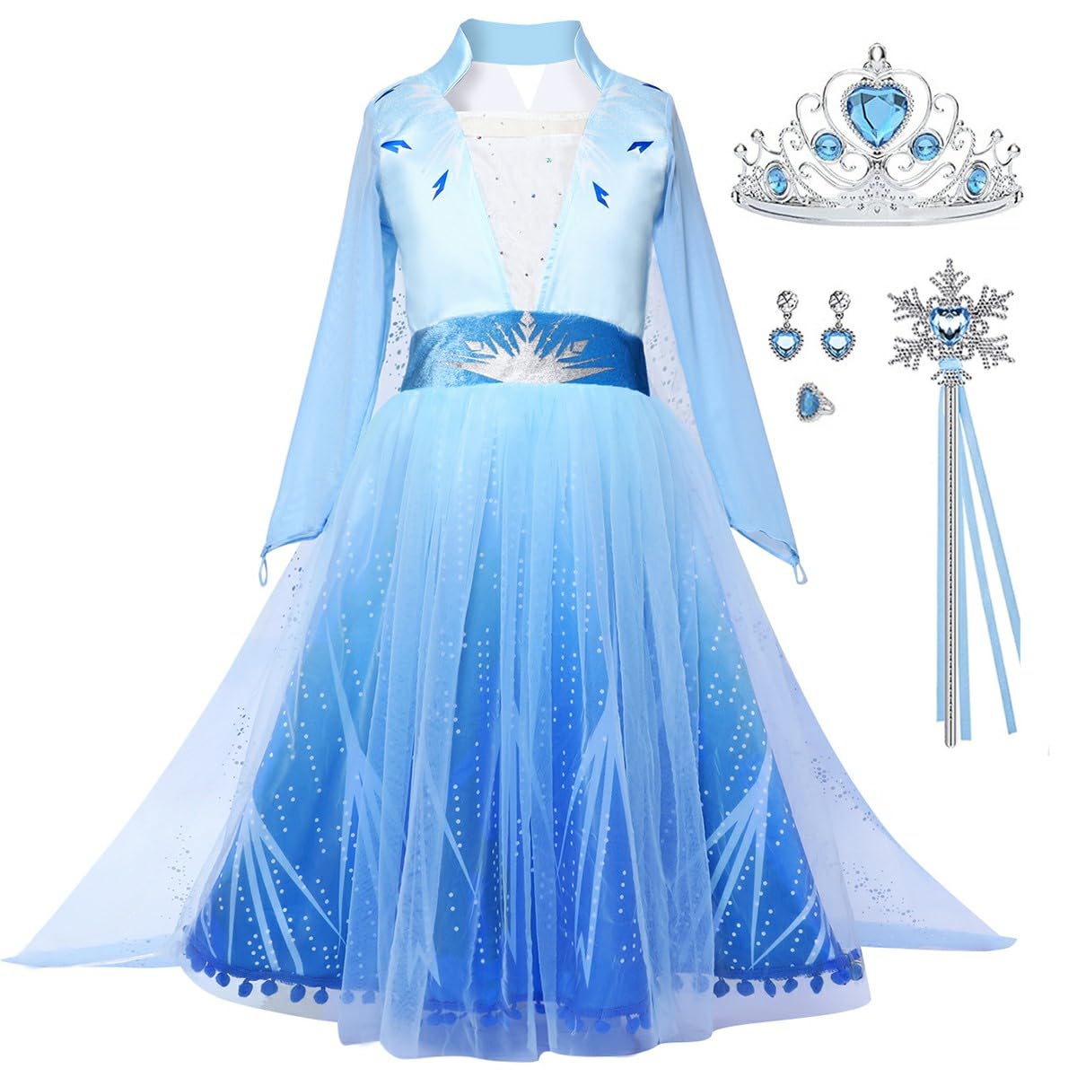Luzlen Girls Princess Costume Kids Queen Halloween Cosplay Party Blue Dress With Accessories, 6-7 Years(Label 140)