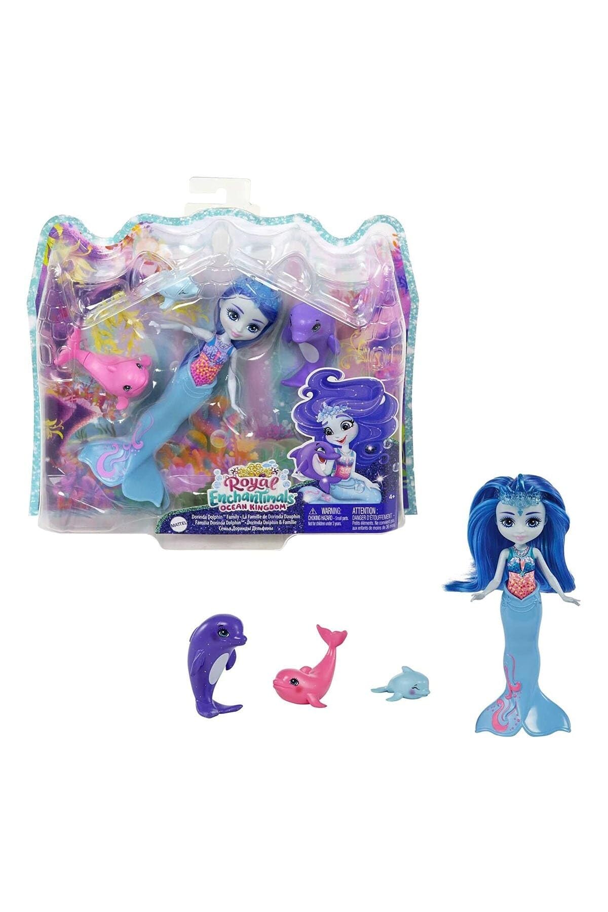 Enchantimals Family Set With Dorinda Dolphin Small Doll & 3 Animal Sibling Figures, Ocean Kingdom Toy Collection