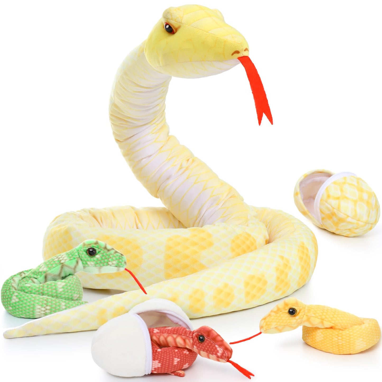 Morismos Giant Snake Stuffed Animal Mommy With Babies, Realistic Stuffed Snakes Plush Toy, 80' Long Yellow Boa Constrictor For Kids, Girls, Boys, 3 Snake Babies, 2 Snake Eggs