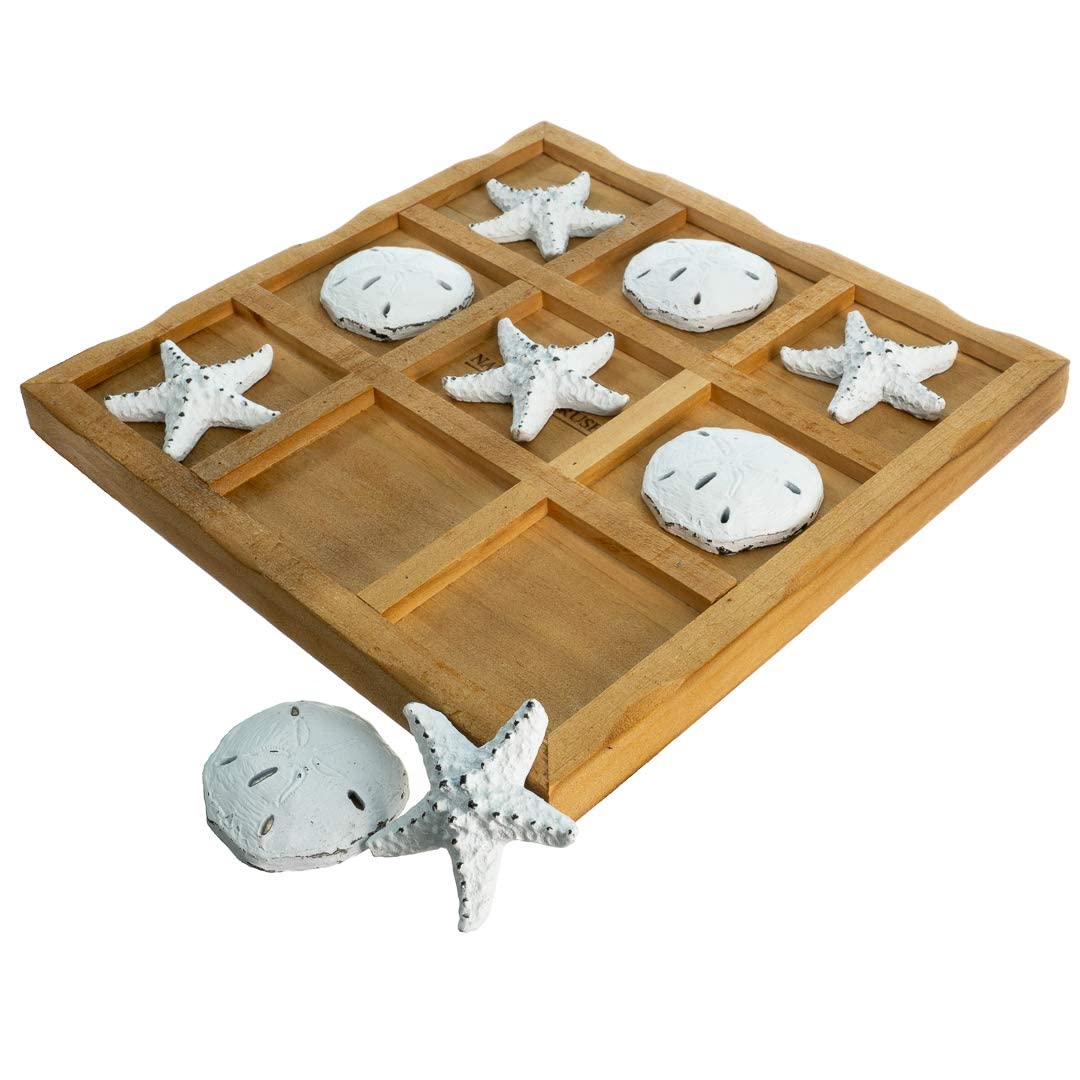 Nautical Crush Trading Starfish Tic Tac Toe Game - 9 x 9 Coastal Beach Decor - White Starfish & Sand Dollars