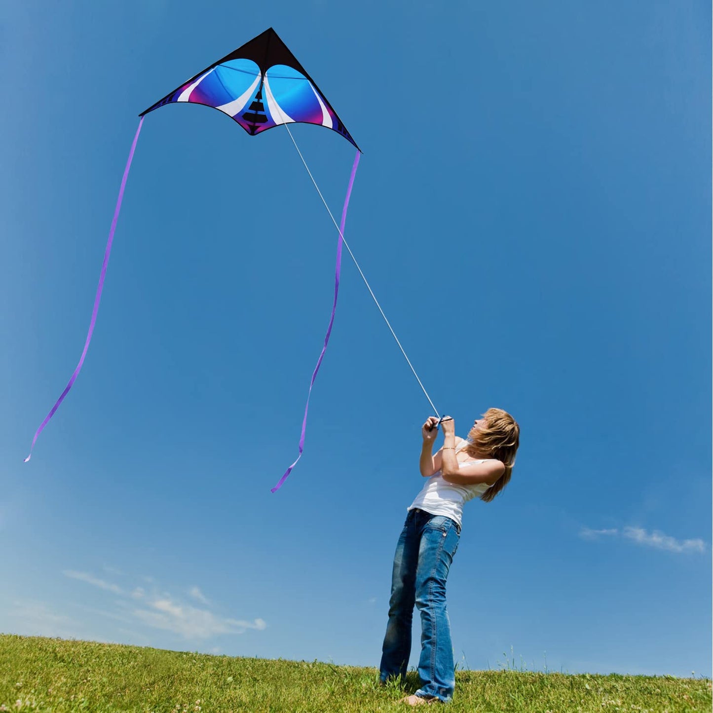 Honbo Large Delta Kite For Kids & Adults,Extremely Easy To Fly Kite For Beach Trip,String Line Included,With Colorful Tail,Perfect For Beginners (Blue)