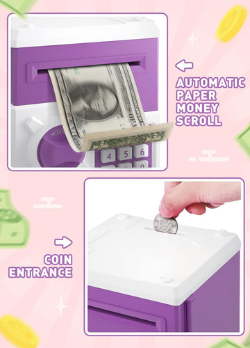 Piggy Bank For Girls Boys Large Electronic Money Coin Banks With Password Protection, Automatic Paper Money Scroll Saving Box, Great Gift For Kids (Purple-White)