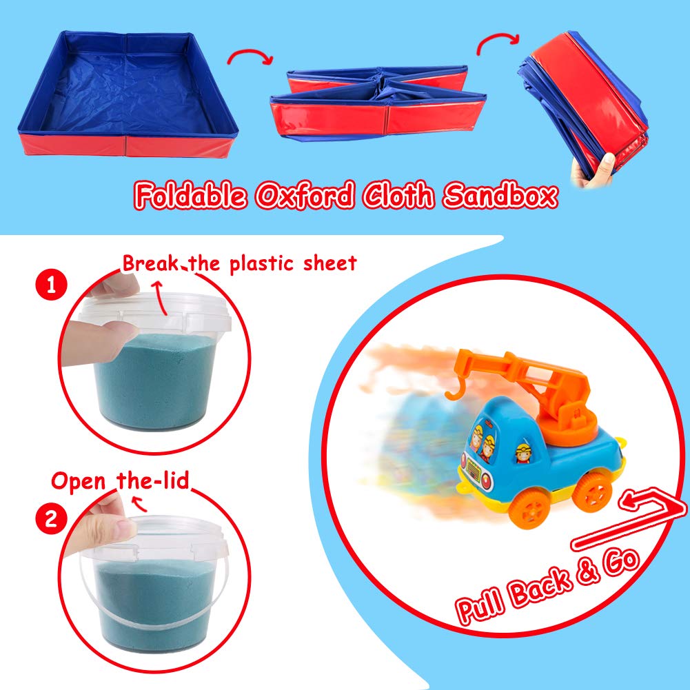 ESSENSON Play Construction Sand Kit - 3lbs Sand with 2 Colors, 6 Mini Construction Trucks, Construction Toys and Signs, Animal M