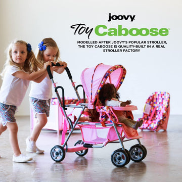 Joovy Toy Caboose Baby Doll Stroller Featuring Reclining Front Seat, Adjustable Footrest, Storage Basket, Extendable Canopy, And Snack Tray - Holds 3 Dolls (Pink Dot)