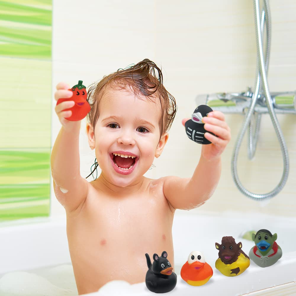 Artcreativity Assorted Halloween Ducks For Jeeps (Pack Of 12) - Variety Of Mini Rubber Halloween Characters, Trick Or Treat Supplies, Goodie Bag Fillers, Party Favors, Halloween Themed Bathtub Toys
