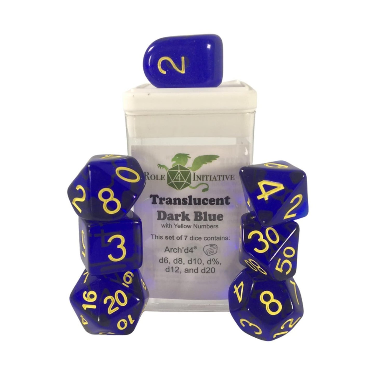 Role 4 Initiative Polyhedral Dice - Translucent Dark Blue W/Yellow And Arch'D4 (7)