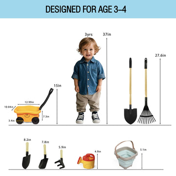 POMIKU Kids Wagon with Beach and Garden Tools Set, Kids Shovel for Digging, Rake, 8PCS Gardening Outdoor Toys for Ages 3-4