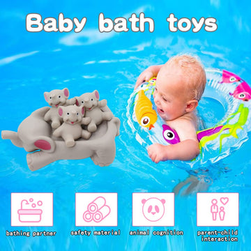 Bath Toys For Toddlers Infants 6 12 18 Months, Floating Bathtub Elephant Toys Squeak Rubber Animal 4 Piece Set, Pool Beach Party
