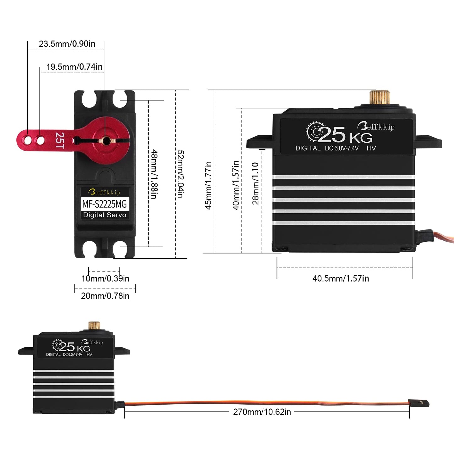 2Pack 25KG Digital Servo Motor High Torque RC Servo Full Metal Gear Waterproof with 25T Servo Arm for RC Car Crawler Robot Contr