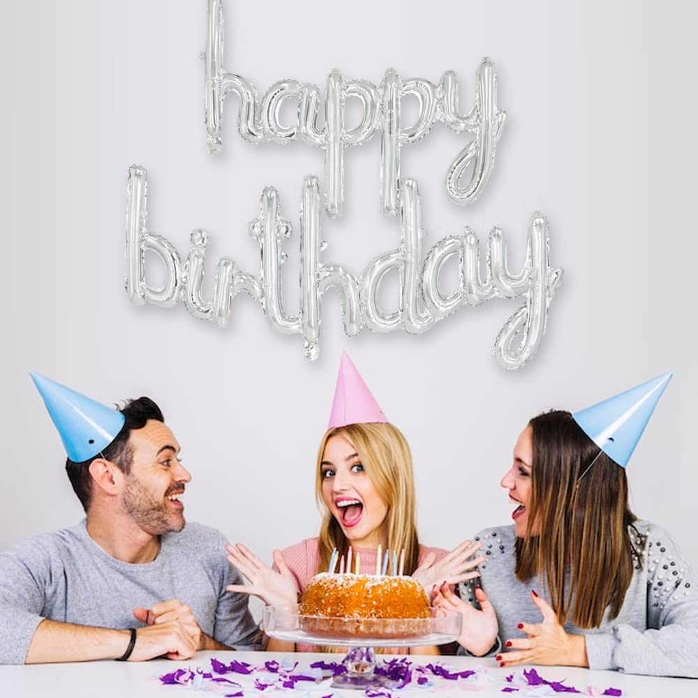 Toniful Silver Happy Birthday Balloons Banner, 16 Inch Mylar Foil Script/Cursive Letters Birthday Sign Banner Balloon Reusable M