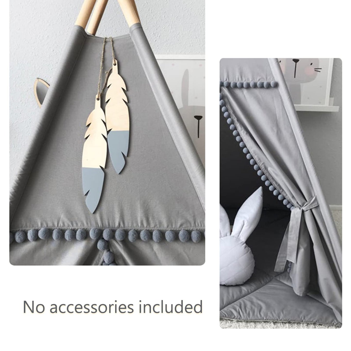 Rongfa Kids Teepee Tent With White Pom Pom - Indoor Play Teepee For Children Boys Portable Play House (Grey)