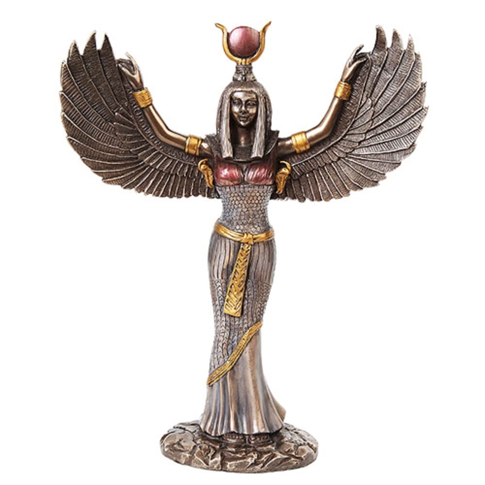 Egyptian Theme Isis Mythological Bronze Finish Figurine With Open Wings Goddess Of Magic Statue Sculpture