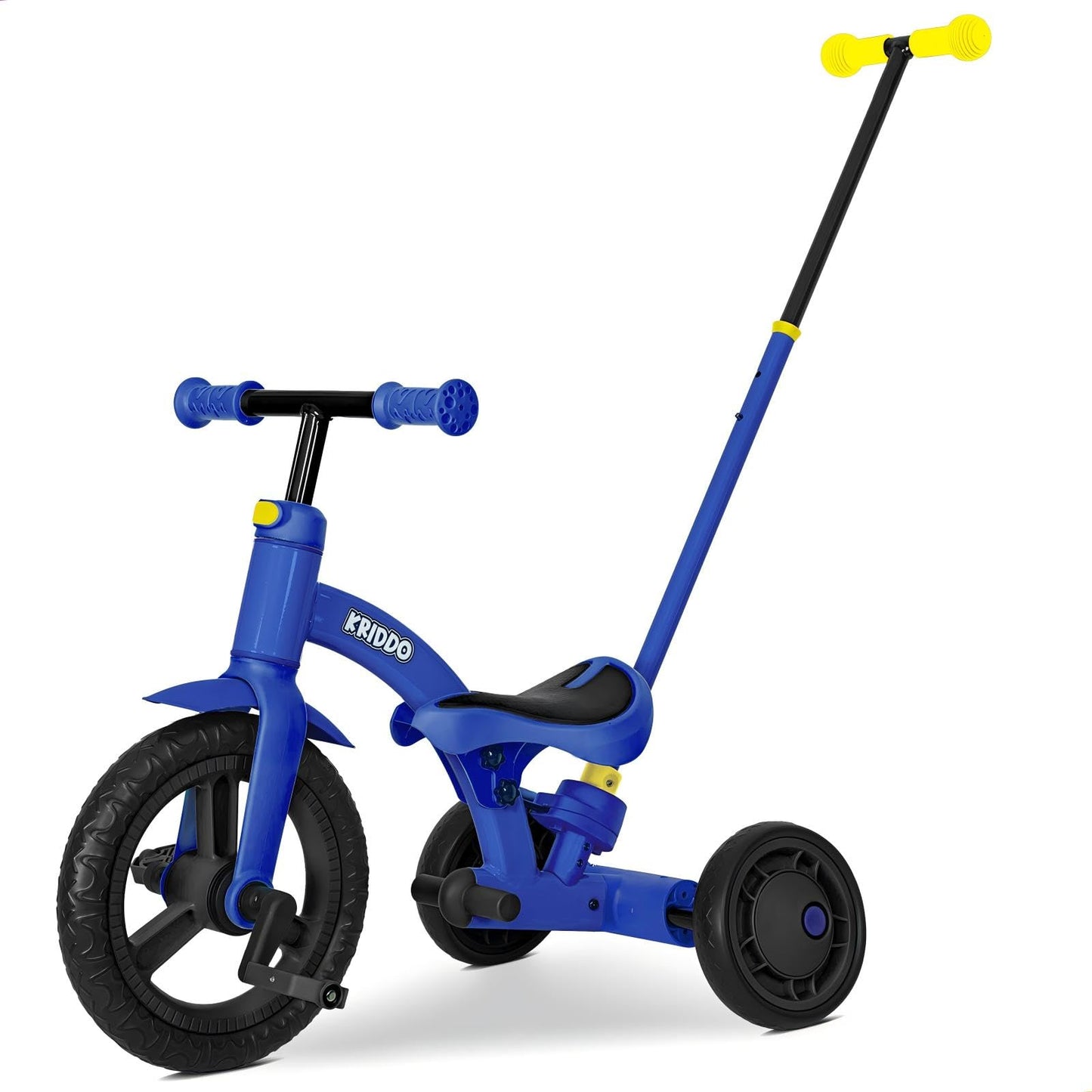Kriddo 4-In-1 Kids Tricycle For 1.5 To 3 Yea Old With Parent Steering Push Handle, 12 Inch Front Wheel Trike, Toddler Balance Bike For Boys Girls 18 Months To 3 Years, Adjustable Height, Blue