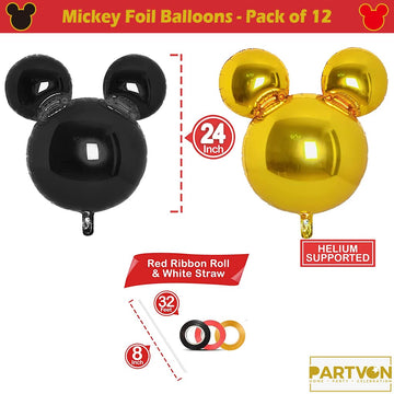 12 Pieces Mickey Party Balloons, 24 Red Black Gold Mouse Foil Balloons For Gender Reveal Baby Shower Wedding Kids Theme Birth