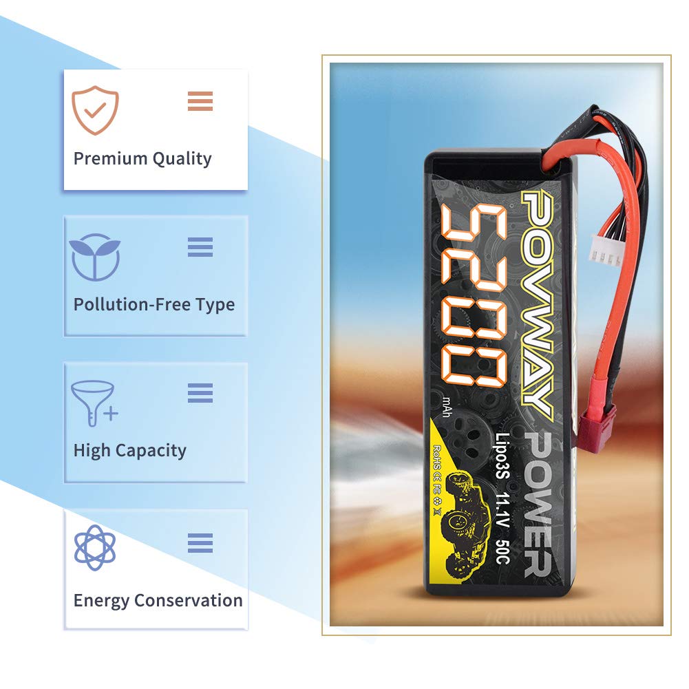 POVWAY 3S Lipo Battery, 5200mAh 11.1V 50C RC Battery with Deans T Plug Hardcase Lipo Battery for RC Cars, RC Truck,Helicopter, A