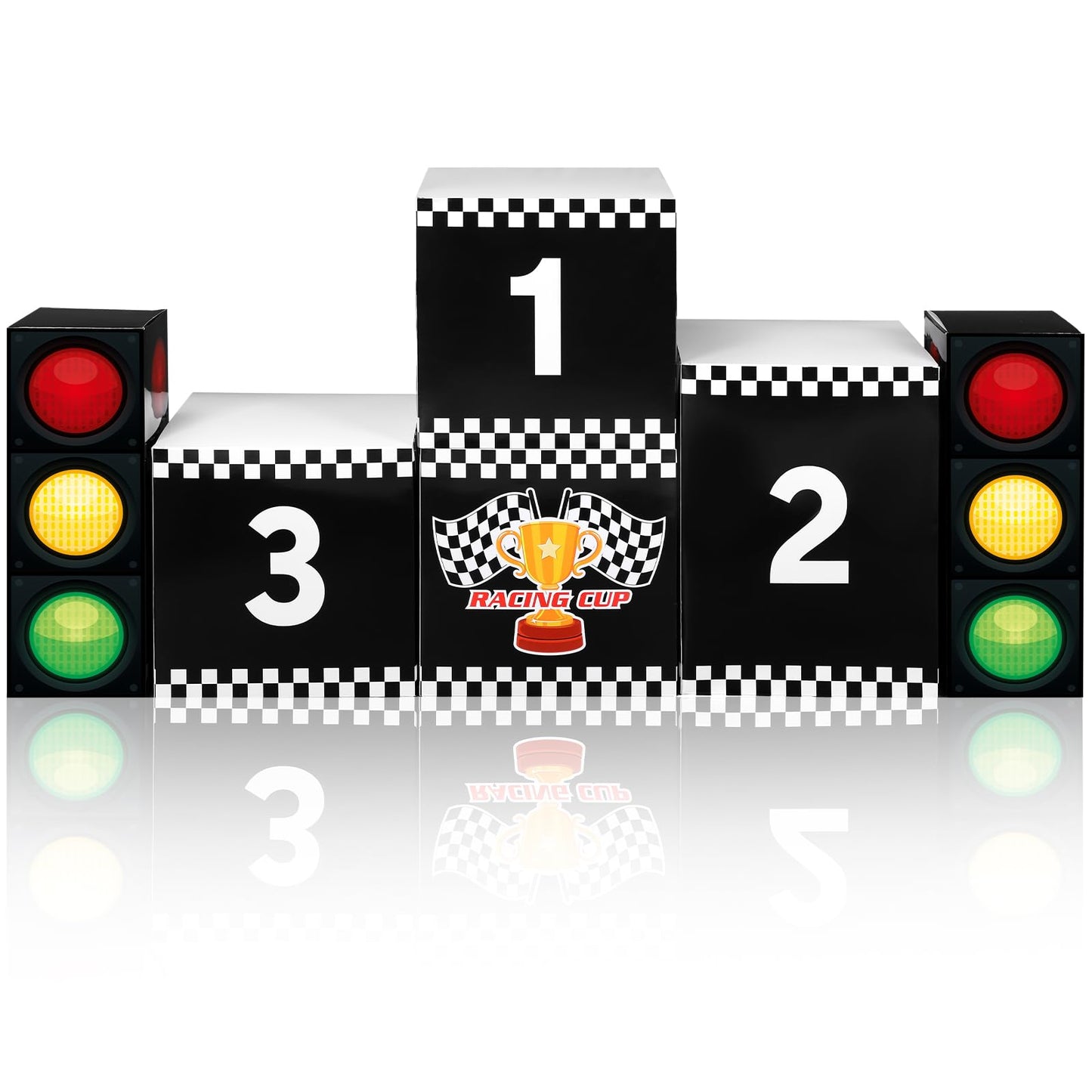 Halloscume 6 Pcs Large Racing Birthday Party Boxes Set, 4 Pcs 11.8 Race Car Podium and 2 Pieces 17.3 Traffic Light, Car Themed